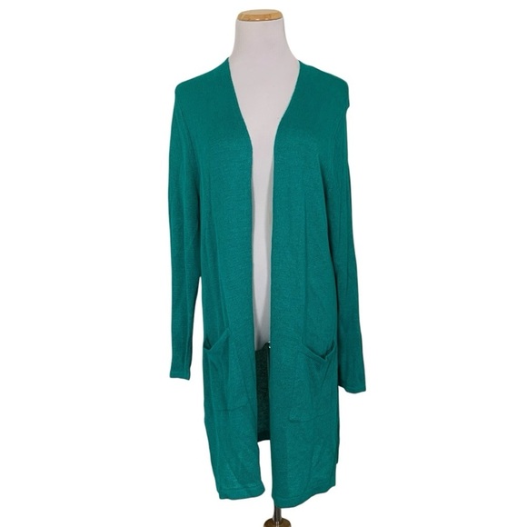 J Jill Linen Blend Open Front Longline Cardigan Duster Turquoise Teal Petite L - Picture 1 of 17